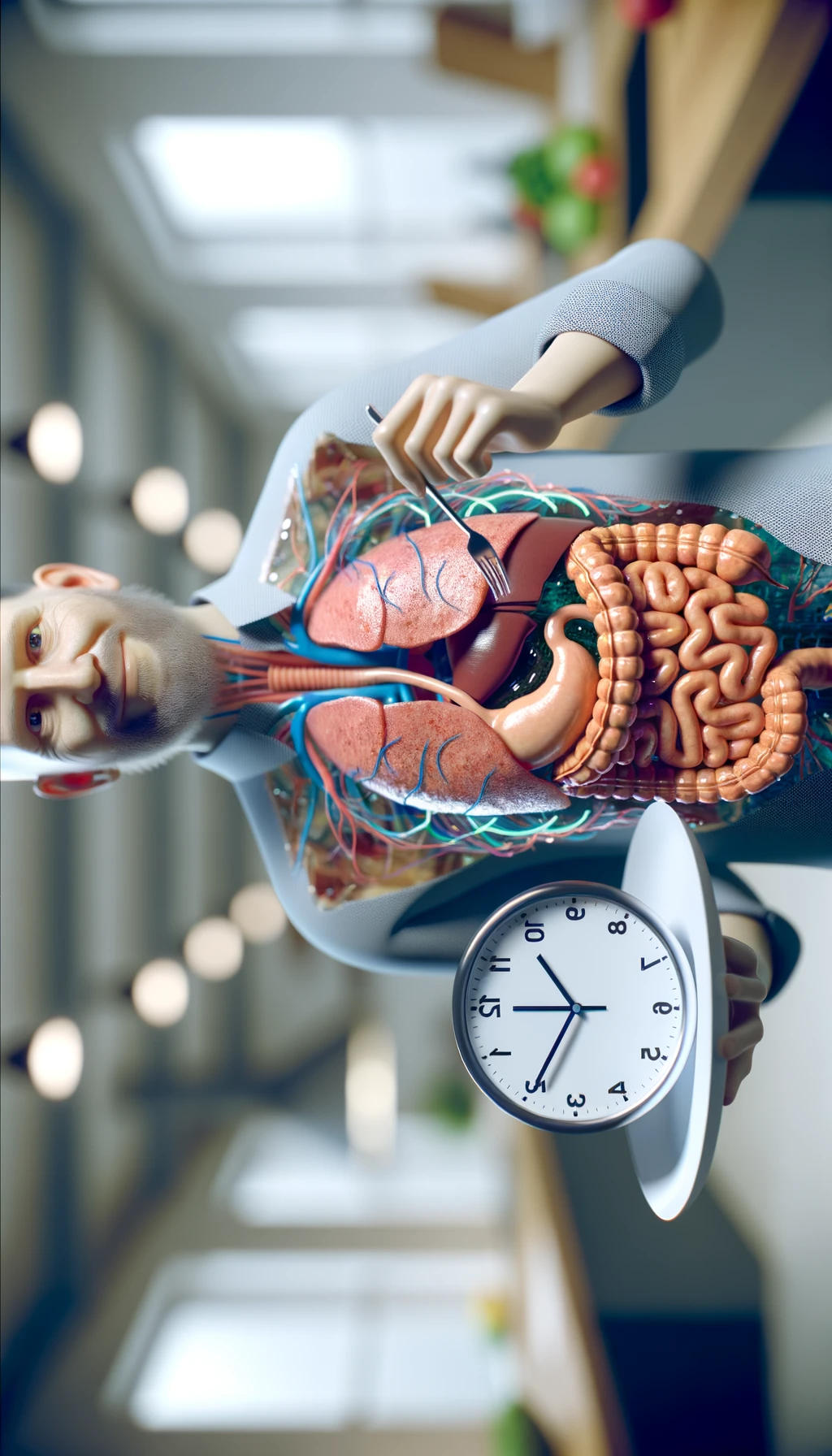 corpo umano anatomico con colori realistici e intestino in evidenza, che tiene in mano un piatto bianco con la lancette di un orologio sopra, figura visibile fino ai fianchi, espressione del volto soddisfatta, sullo sfondo la sua cucina sfocata con toni chiari neutri, iperrealistico 4k emoji