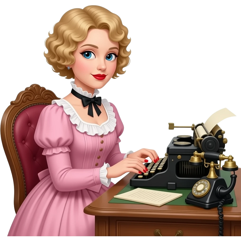 short blonde curly pixie bob hair in a 1800 pink outfit sitting down an antique desk, antique phone, and typing on an antique typewriter with red lipstick, red finger nails and in a Victorian setting emoji