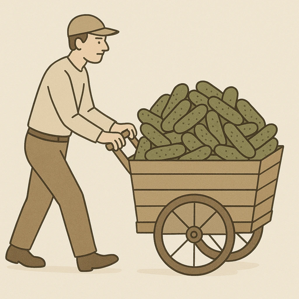 a man pushing a cart full of pickles, neutral illustrative style emoji