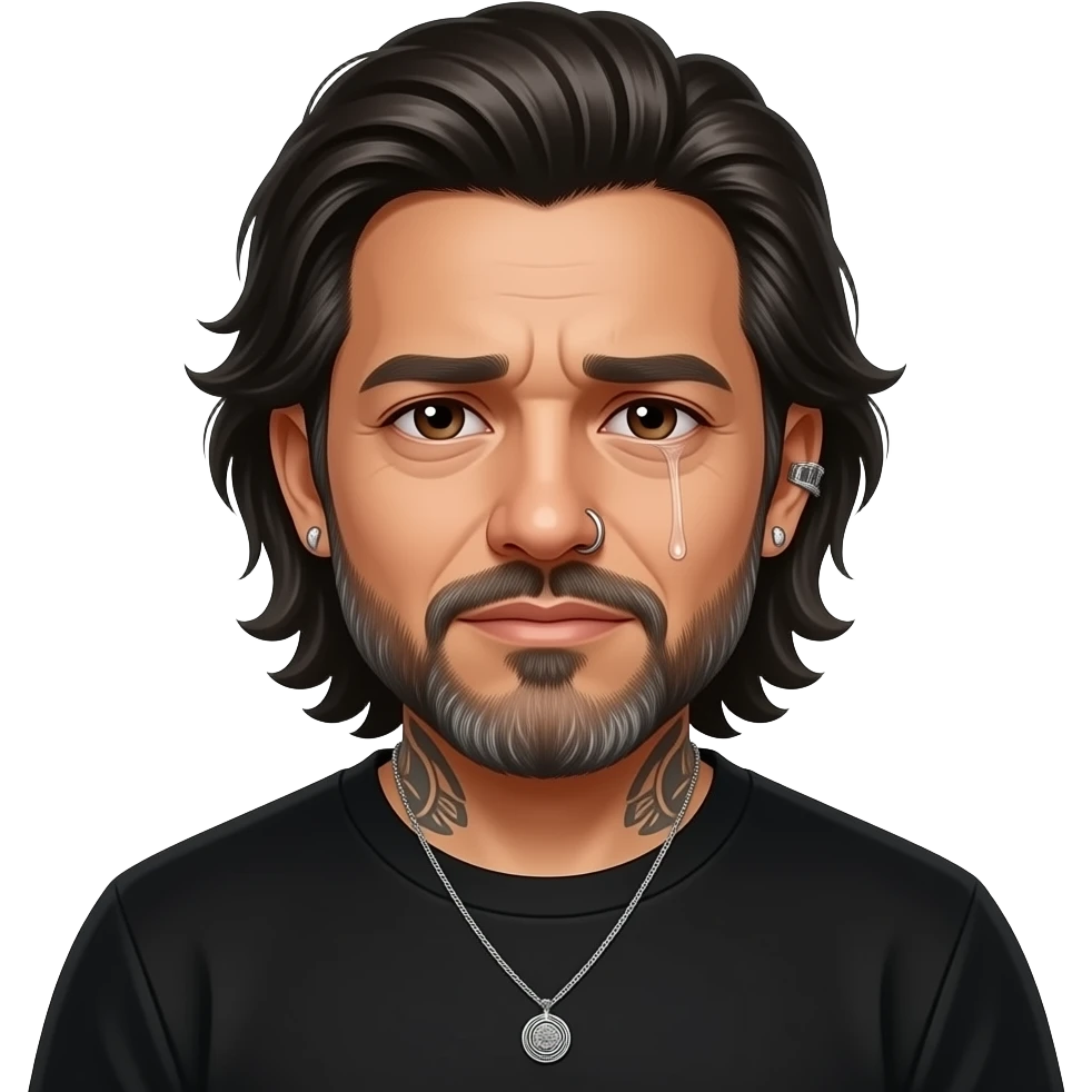The handsome manly Latino podcast host with medium length hair, a long slightly graying beard and tattoos with his ears pierced 1 time each ear and a nose ring on the right side, dark brown eyes, wearing black, and jewelry, crying emoji