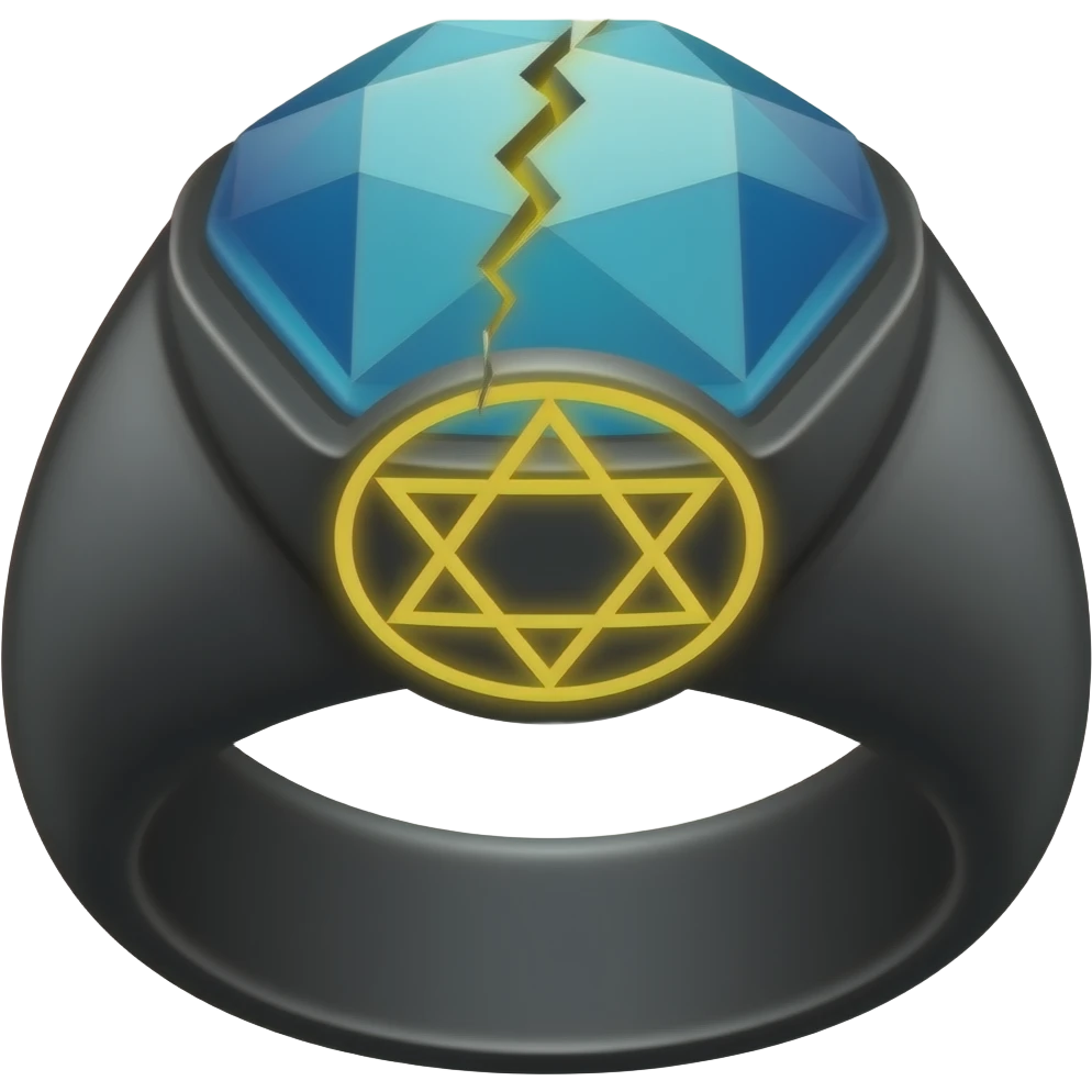 A black ring with with a large gem that's blue with a crack in it that glows yellow that has a pentacle carved into the gem emoji