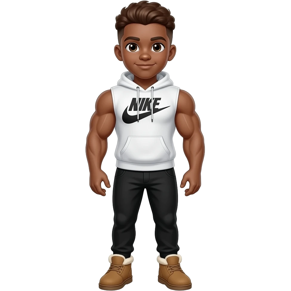 make a super hot brown skin colored 6th grader with fluffy brown low taper fade who has good muscles wearing a white nike hoodie with big muscles with black essential pants and ugg tasmans on the feet emoji