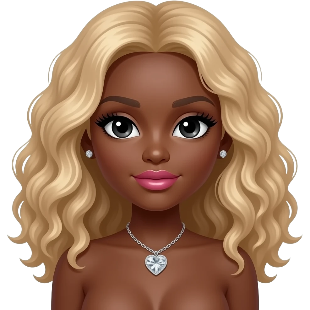 Black girl, Pink big lips, black doll eyes, dark brown skin, Long giant lashes,Doll faced shaped, silver Swarovski heart necklace, big diamond earrings studs, bimbo, black doll eyes, barbie, darker brown skin with long curly blonde hair, big breast, no bra emoji