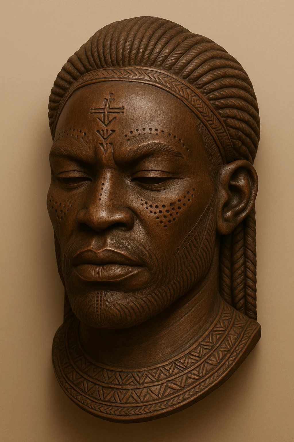 Transform this Mwana Pwo mask into a male version inspired by Cokwe male mask traditions, featuring bold masculine facial features, detailed wood carving, and tribal symbolism. Use a plain background to emphasize the mask's cultural significance. emoji