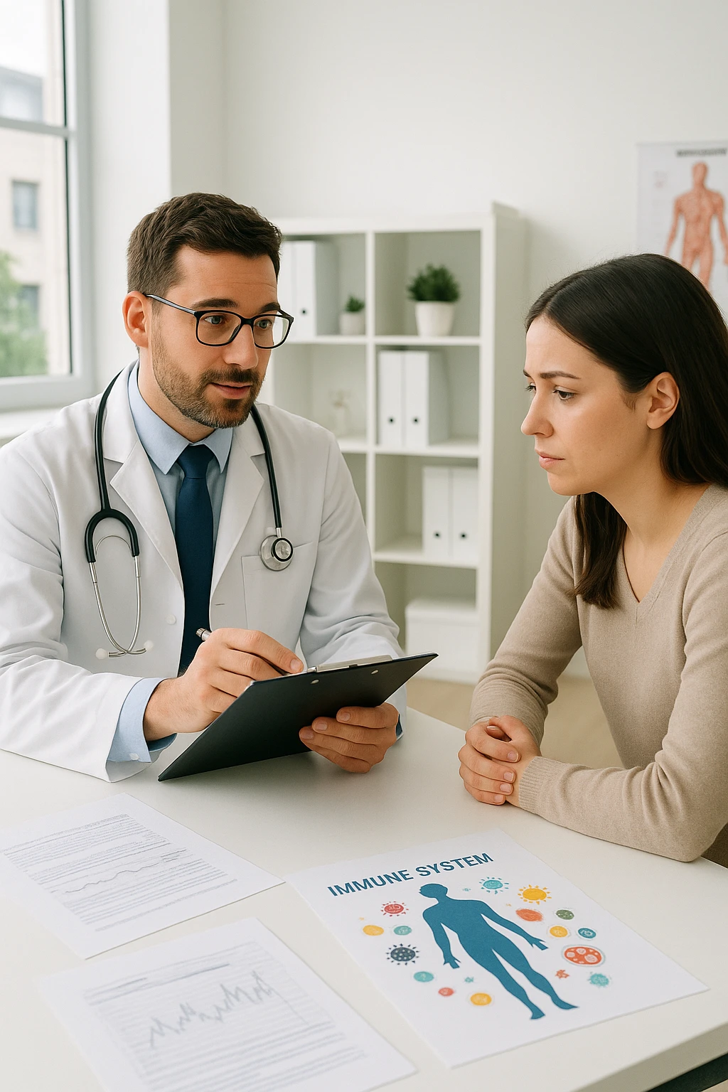 a doctor sits across from a patient in a bright, modern medical office. The doctor holds a clipboard and gently explains the diagnosis, while the patient listens with a concerned but attentive expression. On the desk, there are medical charts and a diagram of the immune system. The mood is empathetic and professional. emoji