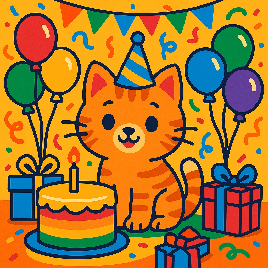 birthday party scene with rainbow balloons, multicolored decorations, confetti, large rainbow birthday cake, gifts, festive atmosphere, featuring a ginger tabby kitten wearing a birthday hat as the main character emoji