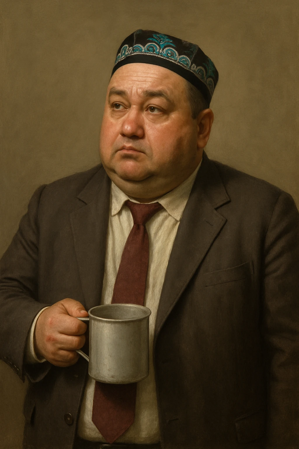 Сгенерируй мне с кружкой толстого чиновника в пиджаке и узбекской тюбитейке, он стоит как будто ждет что в кружку что то нальют, в стиле реалистичной живописи на однородном фоне. Кружка металическая советская emoji