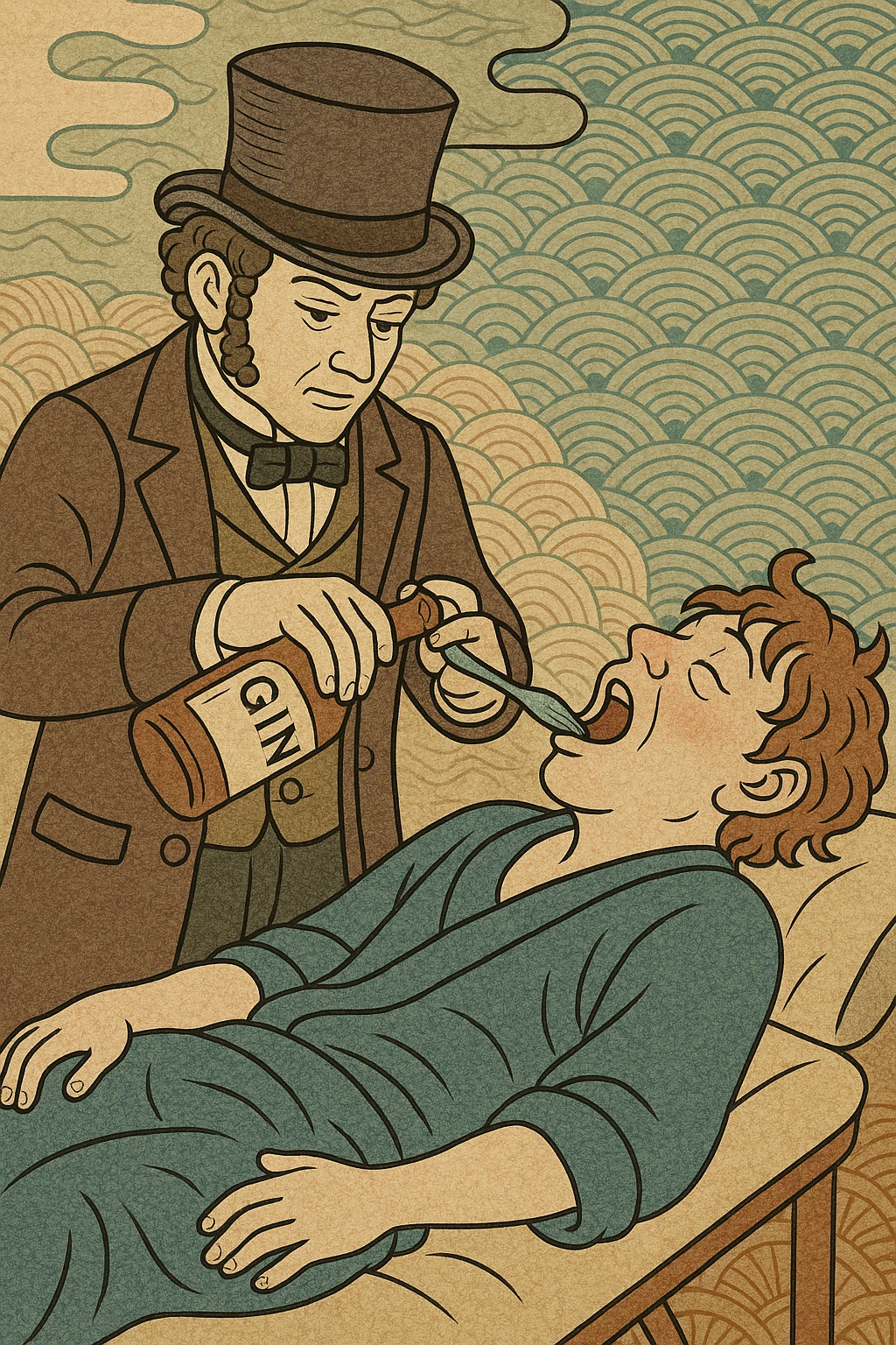 A victorian surgeon using gin on a drunk patient during an operation emoji