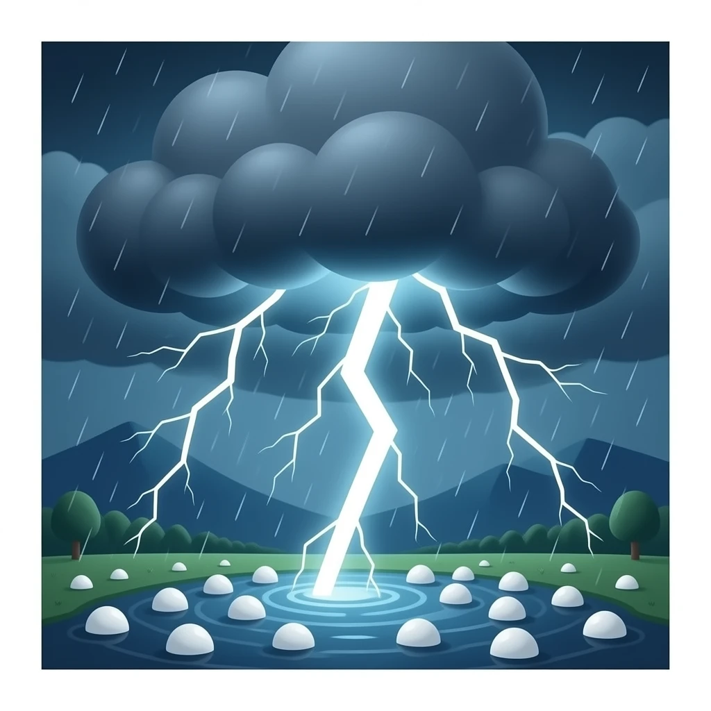 A bad thunderstorm with lightening strikes, dark ominous clouds and and white hail sized balls raining down from the sky emoji