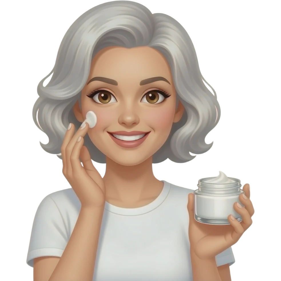 Style: 3D Memoji style, soft studio lighting, white background. Character: 60s elegant woman, wavy silver bob, brown eyes, white t-shirt. Skin: natural healthy glow, dewy interior glow. Style + Character + Skin + Action: smile, applying white cream to cheek, holding glass cream jar. emoji