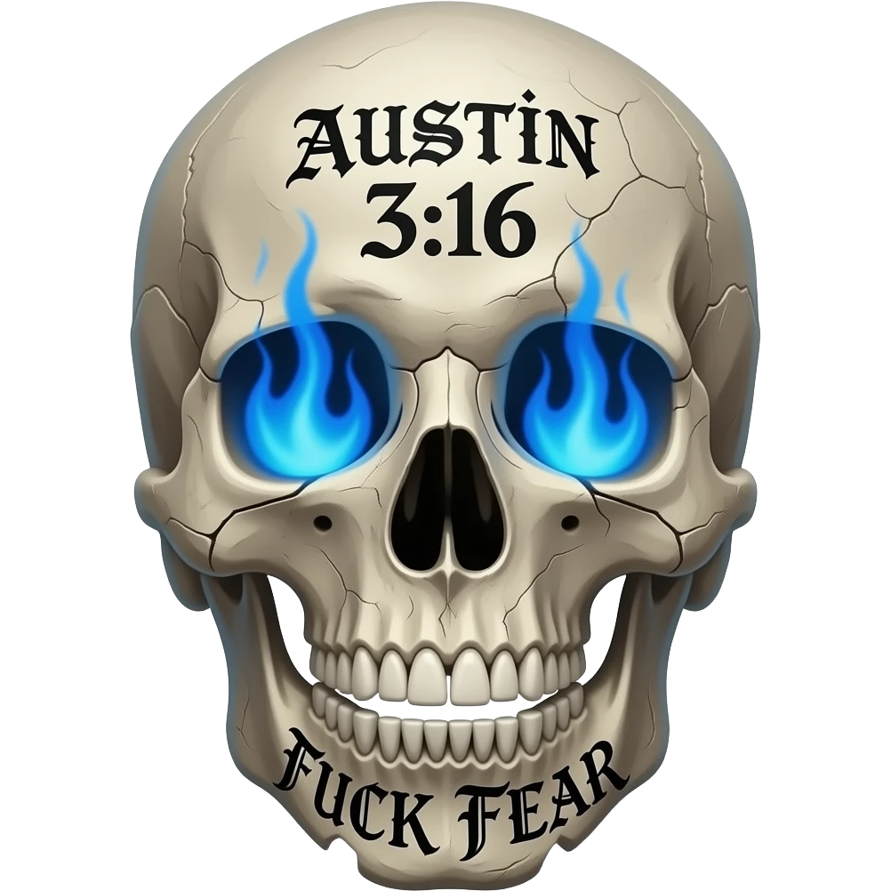 Forward facing, cracked, human skull, skull pieces missing, FUCK FEAR carved on jaw, same gothic font, slightly open, teeth slightly chipped, Austin 3:16 stacked, carved in forehead, eye & nose cavity with intense blue flames, words in a BLACK GOTHIC FONT, entire skull is aged, sun dried, weathered emoji