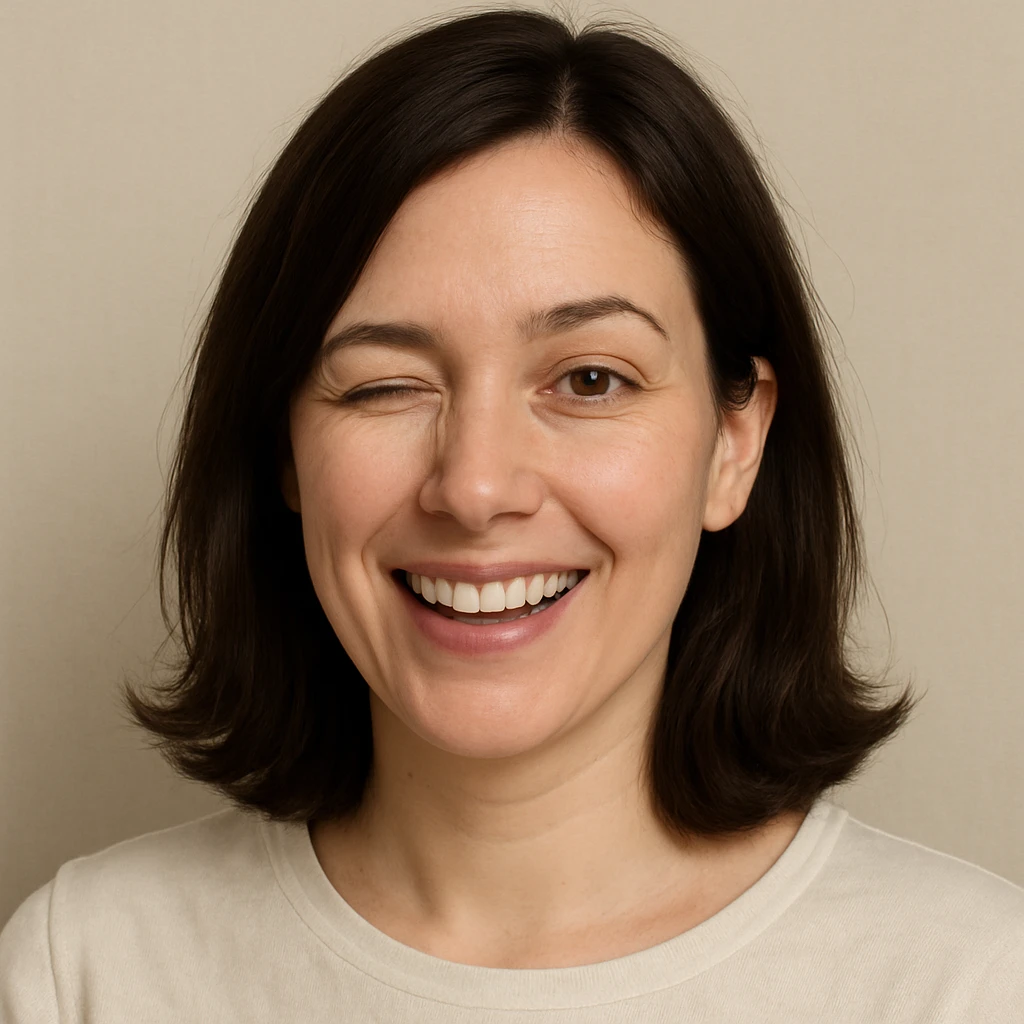 portrait of a white lady with dark brown shoulder length hair, winking, simple background emoji