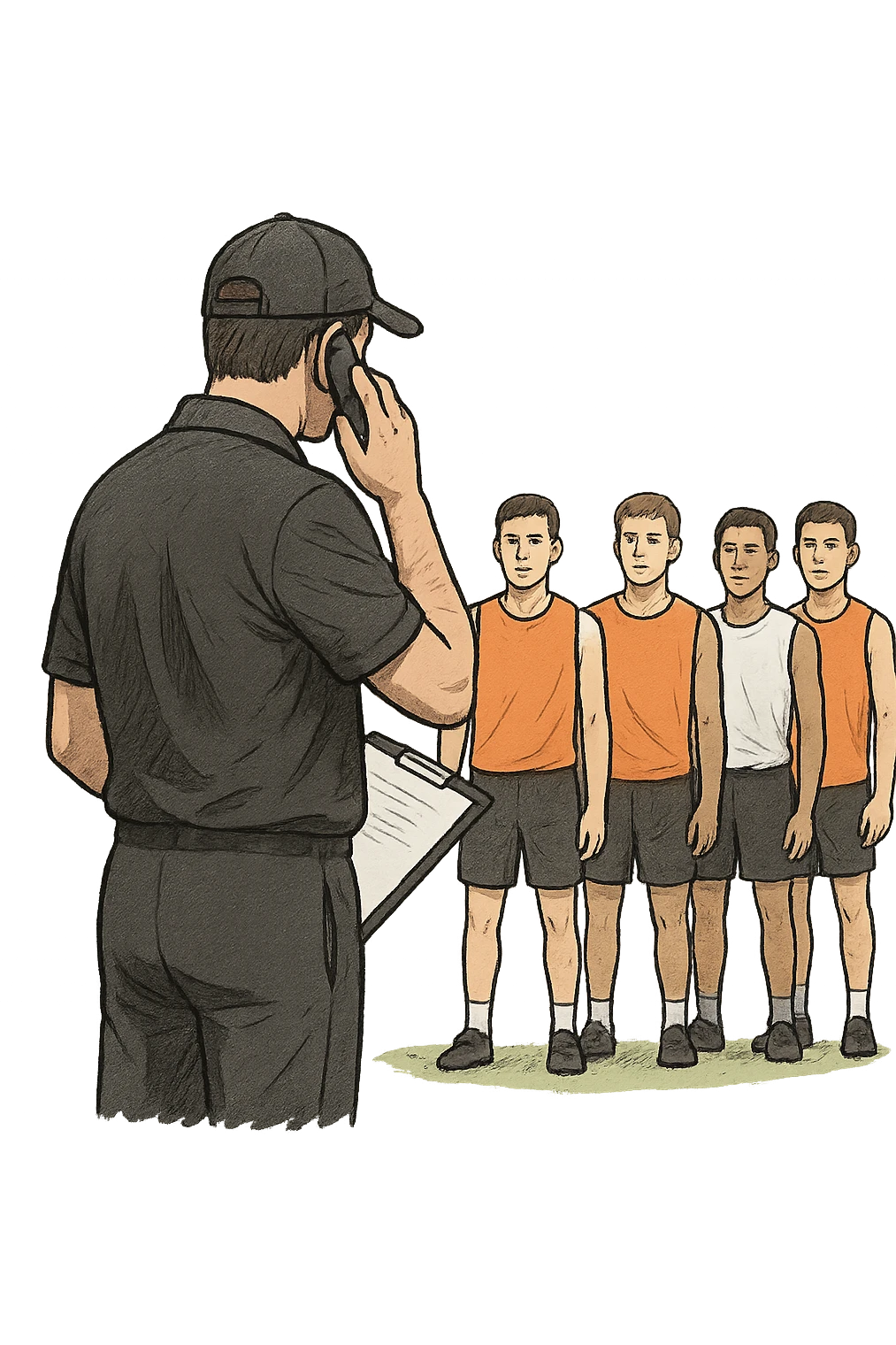 a coach is seen far away on the sidelines, partially turned away from the team or group, engaged in another activity (like reading, texting, or talking on the phone), while the athletes look toward them for support or instruction. The distance between coach and team is visually clear, symbolizing lack of presence. in italiano emoji