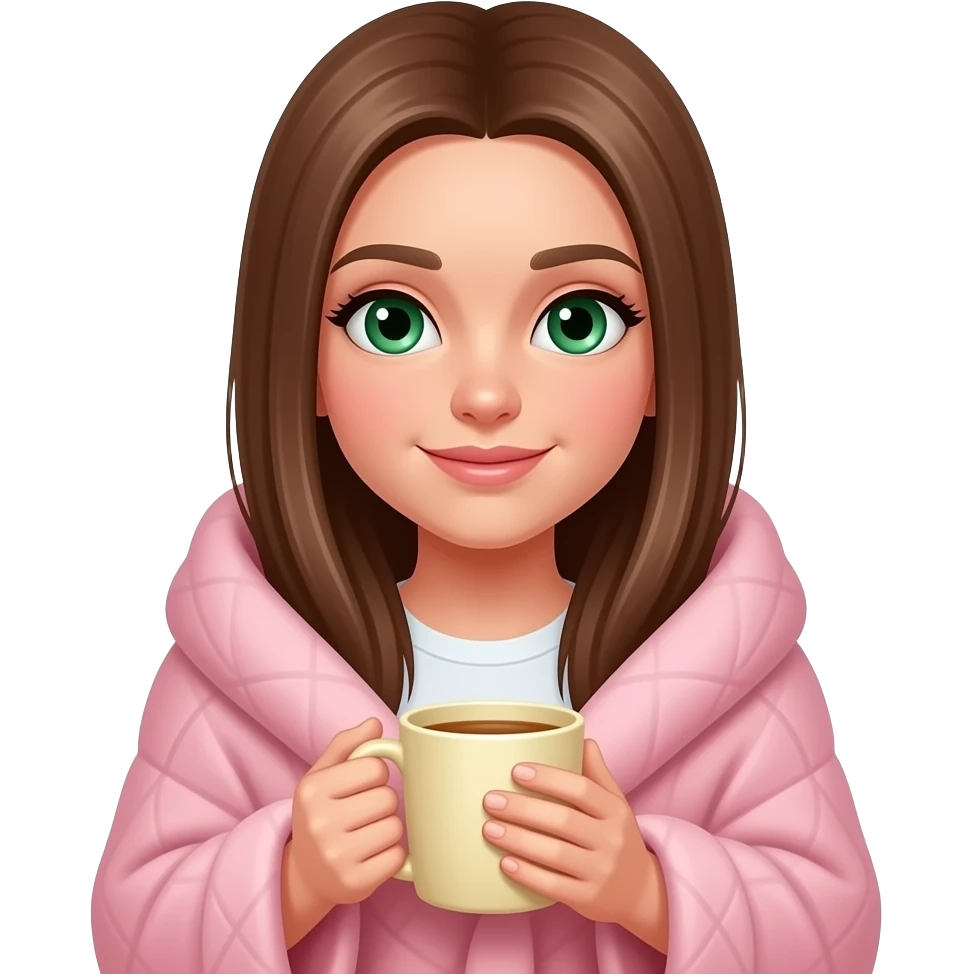 white girl with grean eyes and long brown straight hair wrapped in a soft pink blanket with a cream color mug of tea emoji