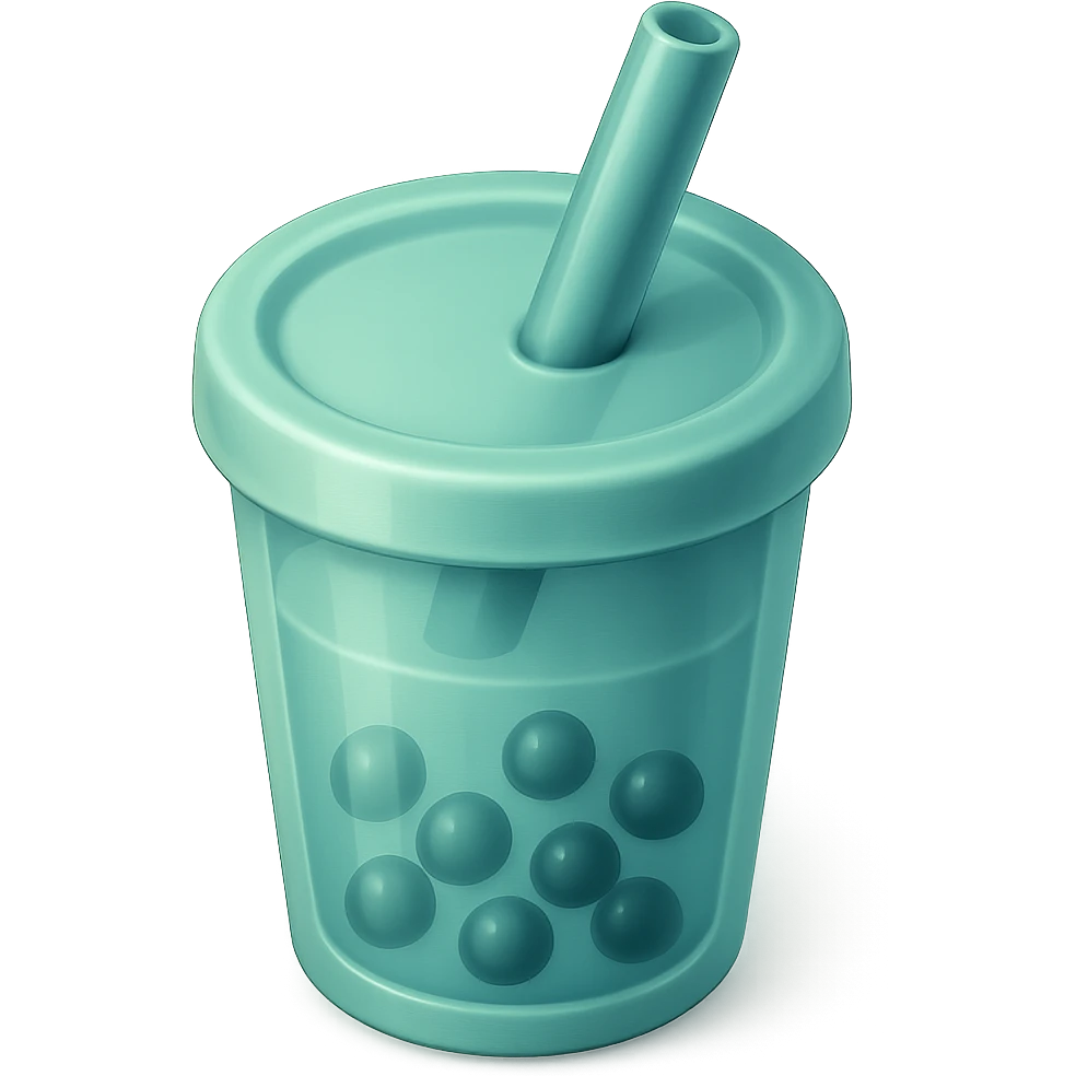 Make the cup lid rounded, keep a clear contour, expressive shadows and highlights on the straw, cup, and balls, in a vector style with a matte glass effect. Background transparent. emoji
