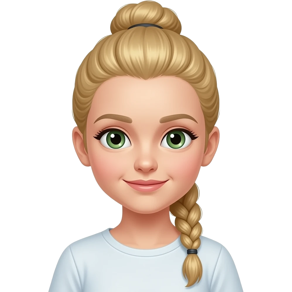 Ein Mädchen mit einem sleek Bun  aber in blond  Zopf und grün braune Augen emoji