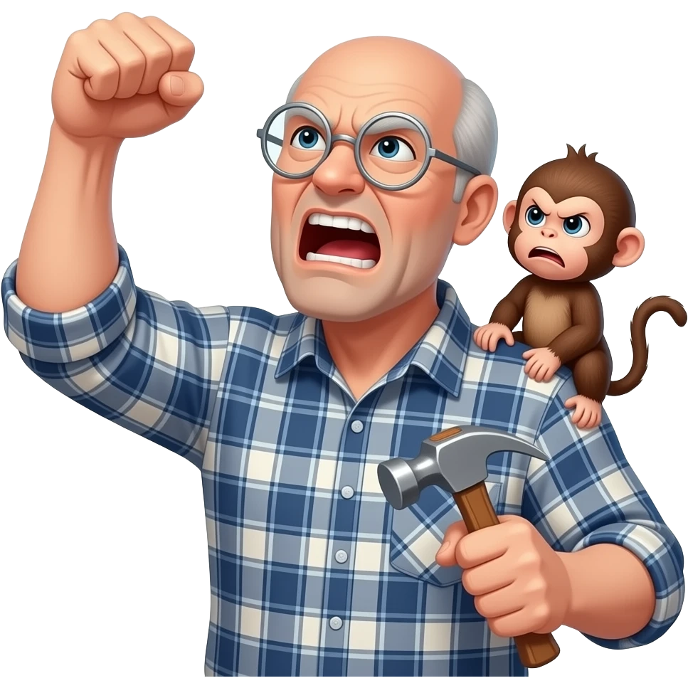 Angry old man with a plaid shirt with silver round glasses balding, no beard or mustache yelling at the sky and shaking his fist angrily at the sky holding a hammer in his LEFT hand and a angry baby monkey on his shoulder. emoji
