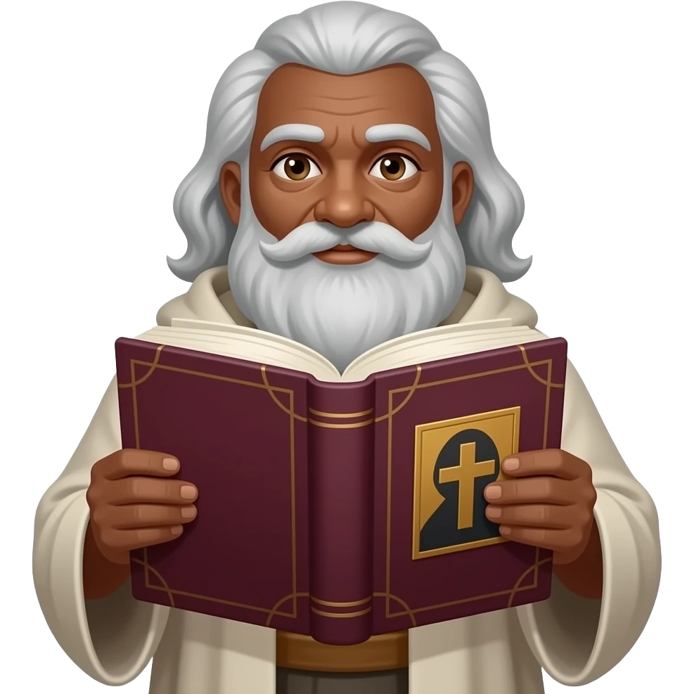 wise old man with grey hair robe slight brown eyes white beard dark skin with burgundy book that has a cross on it emoji