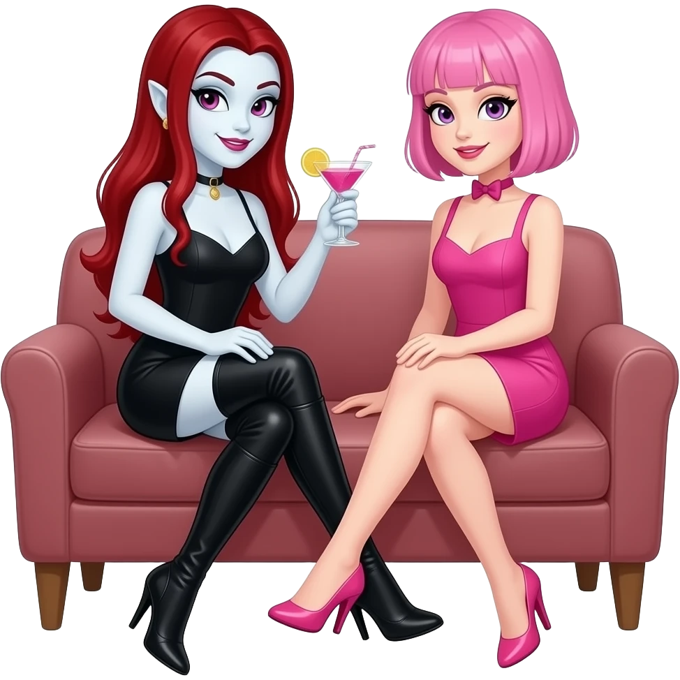 Vampiro femmina con pelle bianca e capelli rossi lunghi  e indossa un vestito corto nero e degli stivali lunghi con tacco neri e prende un cocktail insieme alla sua amica VAMPIRO con i capelli corti rosa e la frangia che indossa un vestito corto ROSA e i TACCHI e la pelle bianca e sono seduti emoji