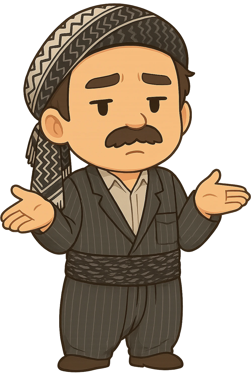 Create a colorful and cheerful cartoon sticker of a Kurdish man wearing the exact same clothes and scarf as the reference image, with no changes to the outfit or scarf. The face should have an indifferent or 'I don't know' expression. Both hands are open and shoulders are exaggeratedly raised. The image should have no shadows or color halos around it, no text, and a completely transparent background. Suitable for WhatsApp and Instagram. emoji