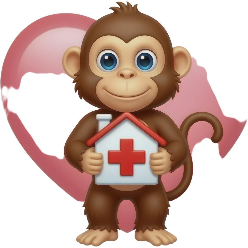 Uan mono sosteniendo una casa con una cruz roja dentro de un corazón emoji