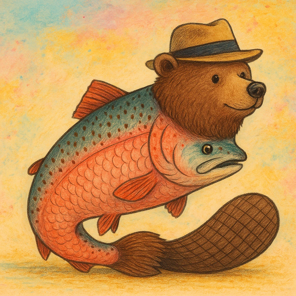 A bear with a salmon body and a beaver tail, wearing a hat emoji