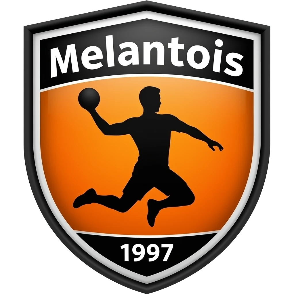 Logo que noir et orange avec un handballeur noir avec un ballon dans la main gauche le logo a une forme de blason je ne veux pas que le joueur saute je veux aussi qu’il soit marqué melantois en grand en haut et aussi 1997 en bas et des fines bordures et pas de blanc emoji