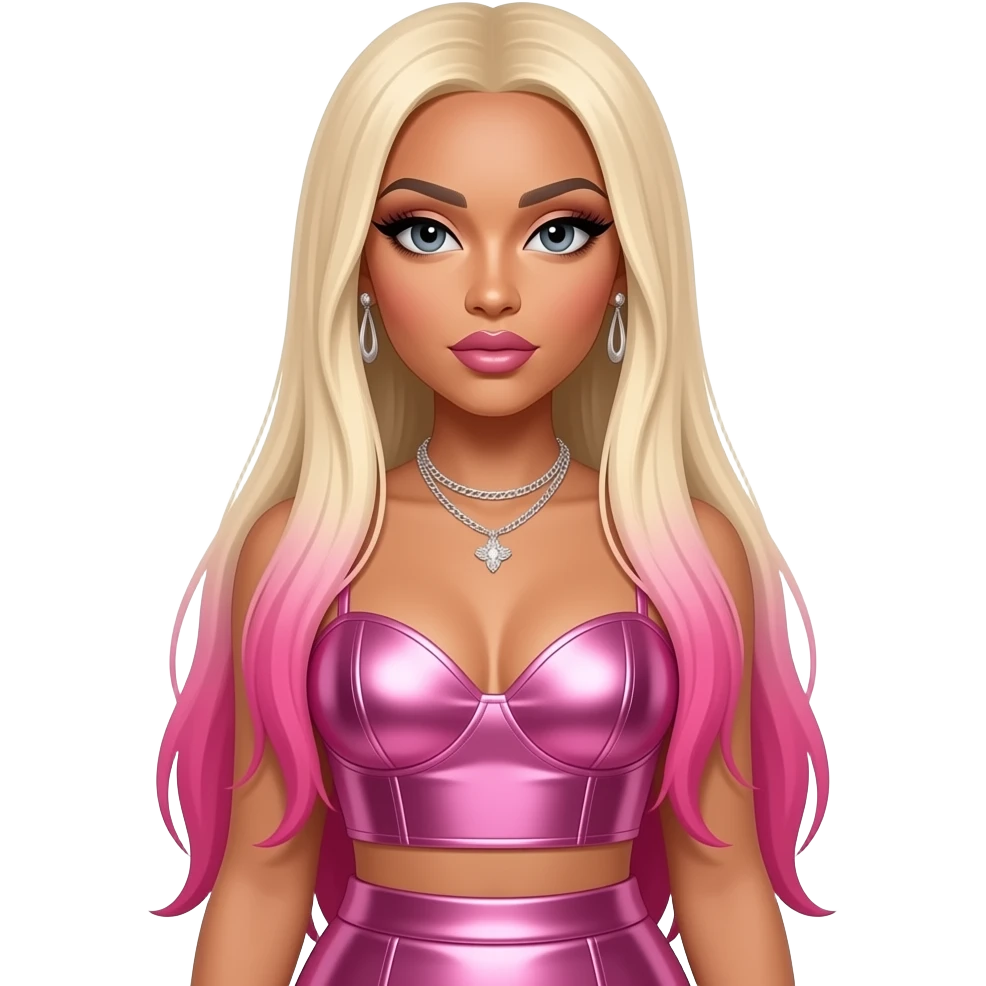 Nicki Minaj with dark grey eyes, long blonde straight hair with hot pink ombre, pink metallic sweetheart crop top, pink metallic skirt, necklace and earrings emoji