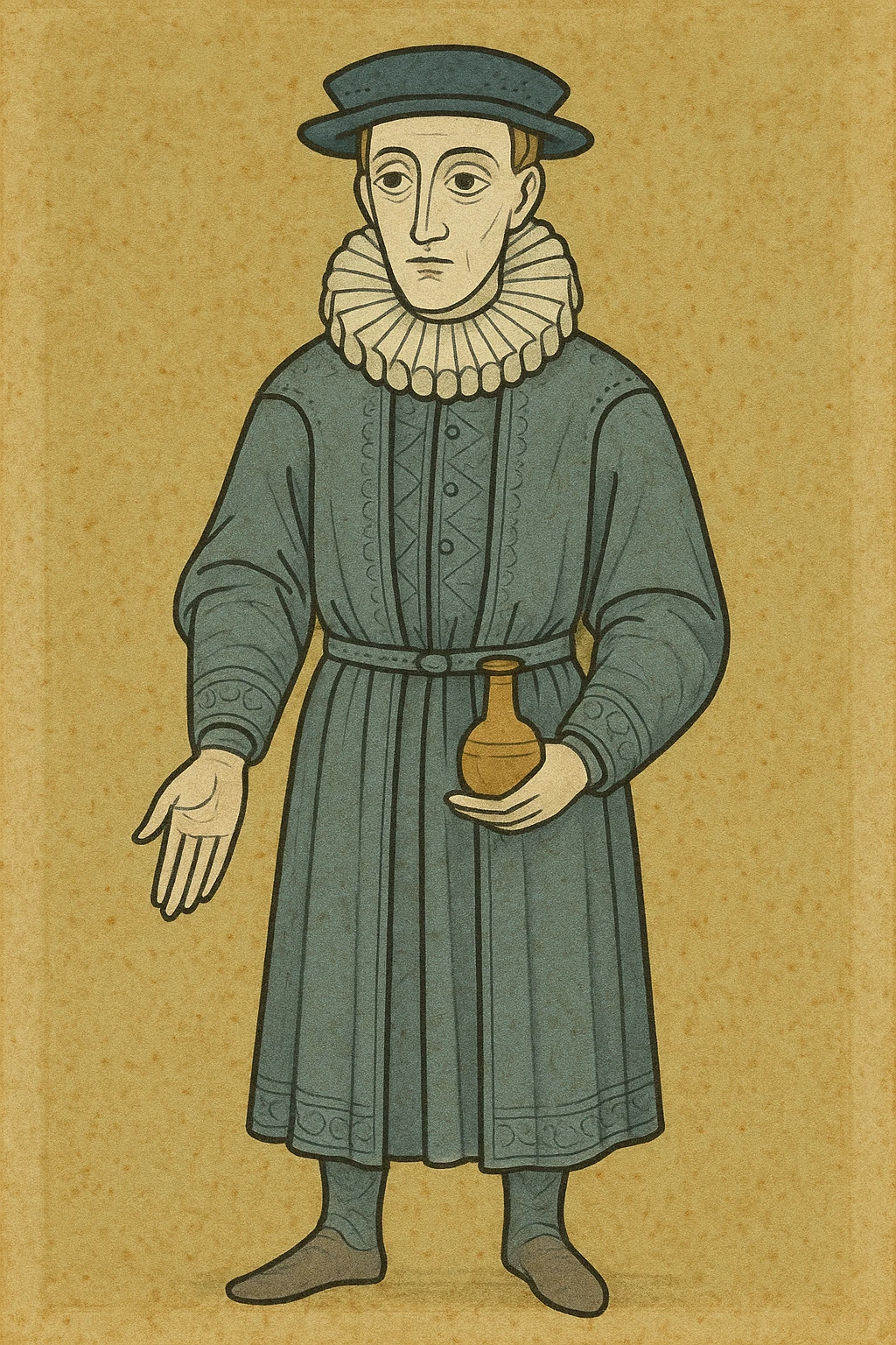 Tudor doctor, with ruff collar and hat, standing, 16th century style emoji