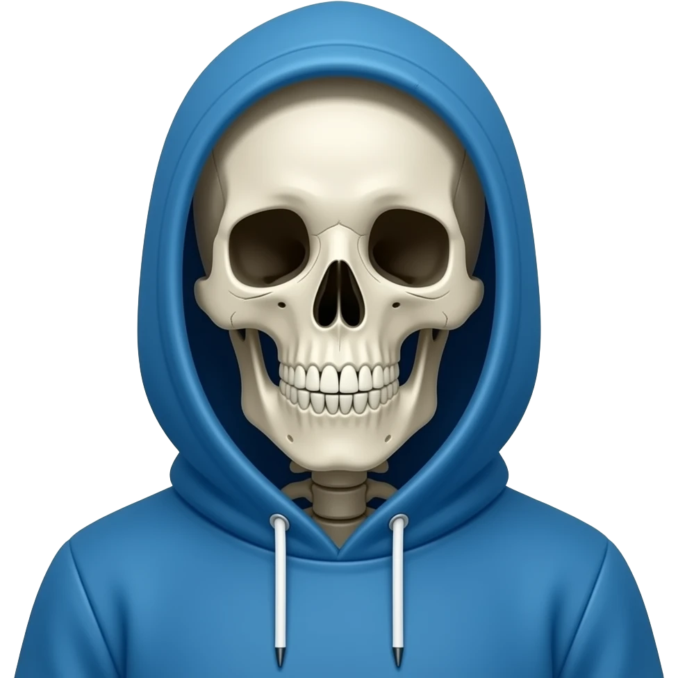 Generate  an image of a  skeleton wearing a blue hoodie emoji