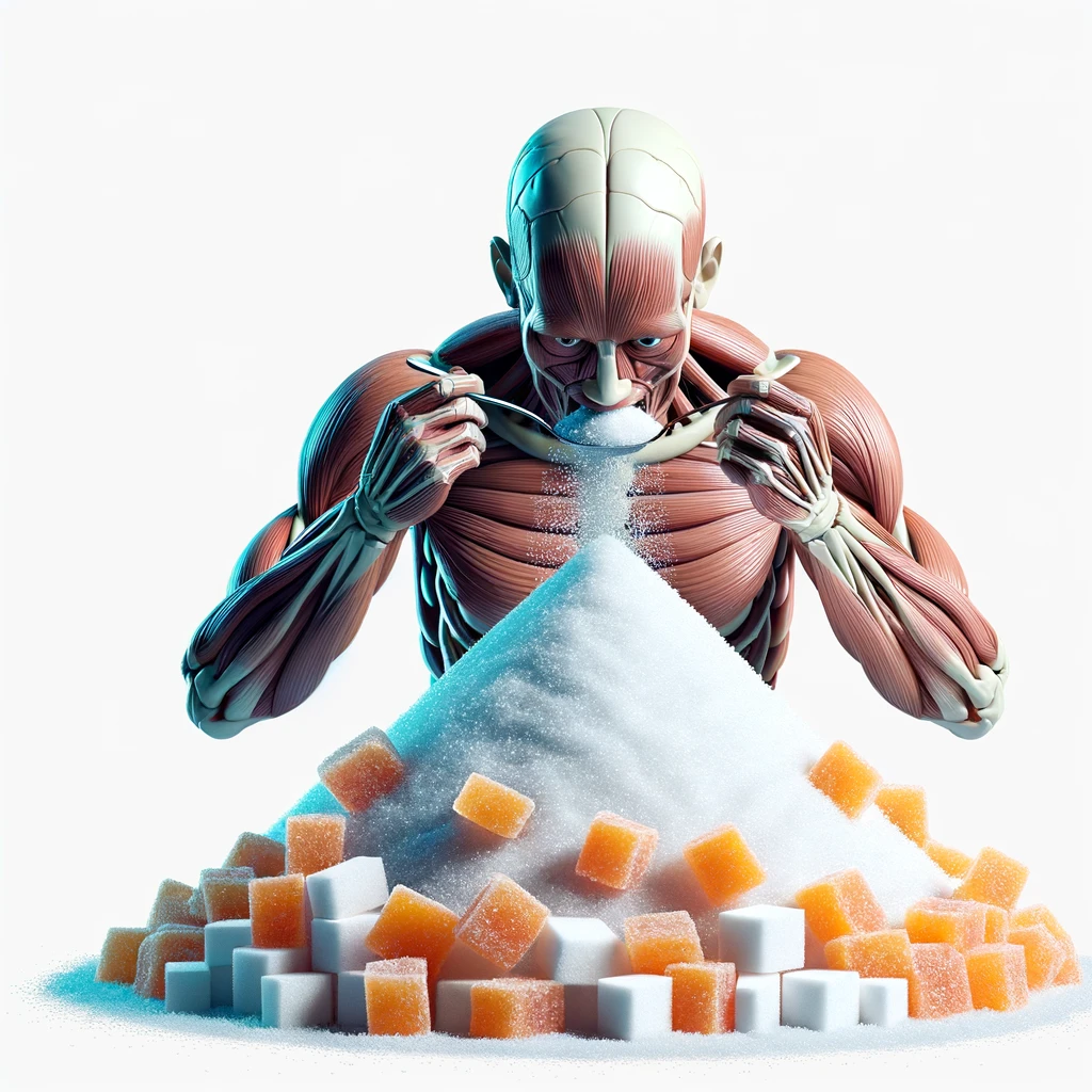corpo umano anatomico che si abbuffa di dolci e zuccheri, montagna di zuccheri davanti a lui, iperrealistico 4k, isolato su sfondo bianco emoji