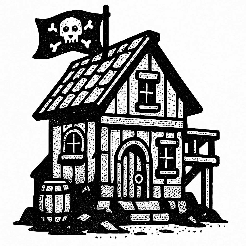 old pirate's house with skull flag emoji