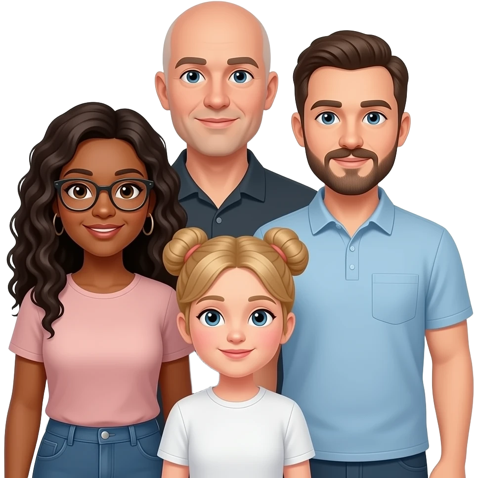 A white family with a 40-year-old bald father, on his side a woman with slightly darker skin wearing glasses and long curly black hair, a blonde genz with two buns, and a white man with blue eyes, a mustache, and shaved hair. They are together emoji