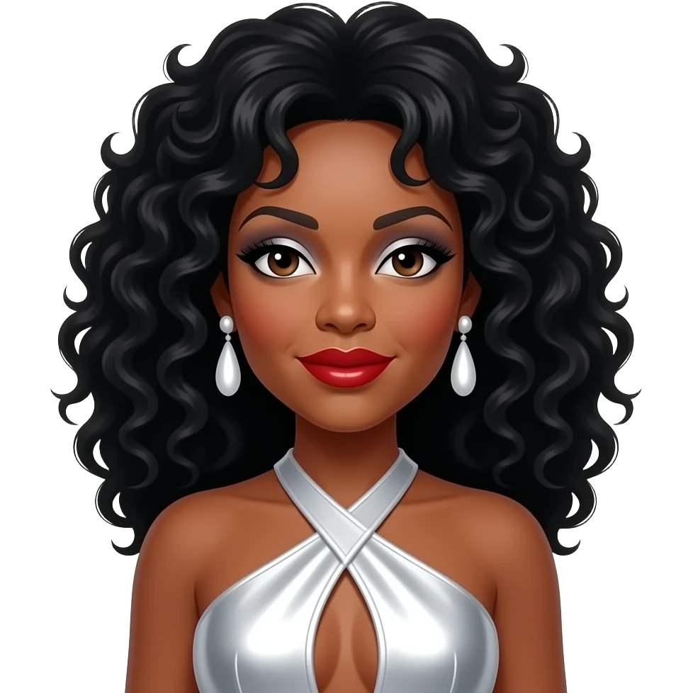 Diana Ross with dark brown eyes, long black disco curls hair, silver eyeshadow, red lipstick, white metallic halter dress, white earrings emoji