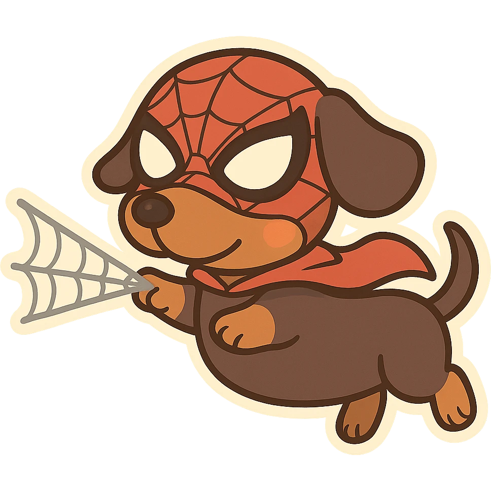 whimsical wiener with a superhero mask, firing a web, comic style emoji
