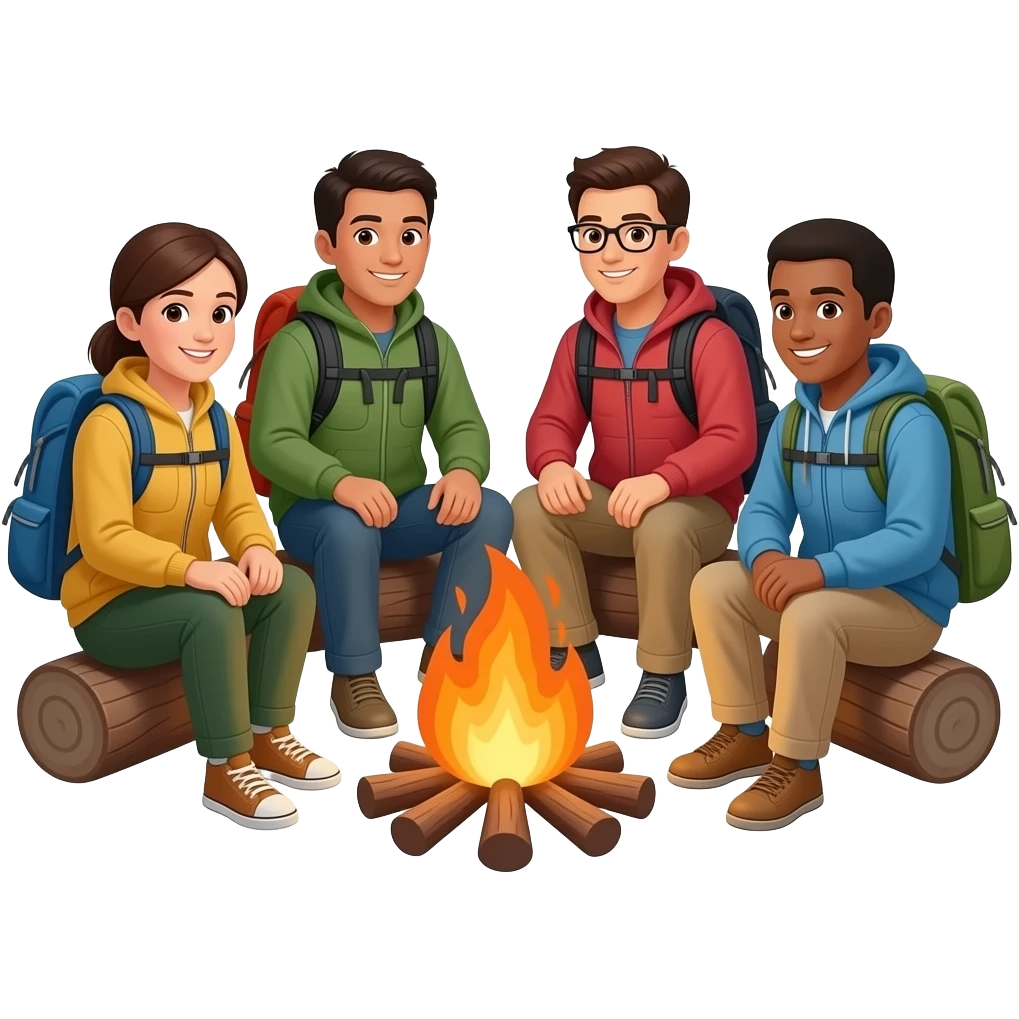 race neutral people around a campfire wearing camping clothing not wearing backpacks emoji