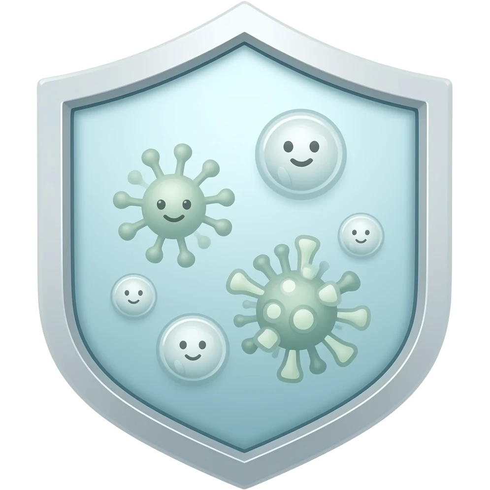 cute minimalistic immune system icon, shield protecting from bacteria and viruses, white blood cells, soft colors, clean aesthetic, simple biology illustration emoji