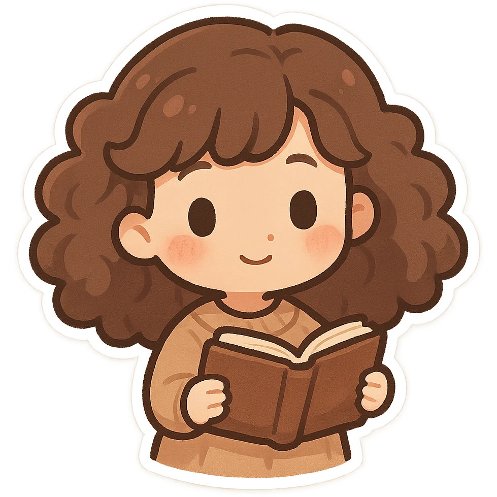 girl with brown curly hair holding a book, chibi style emoji