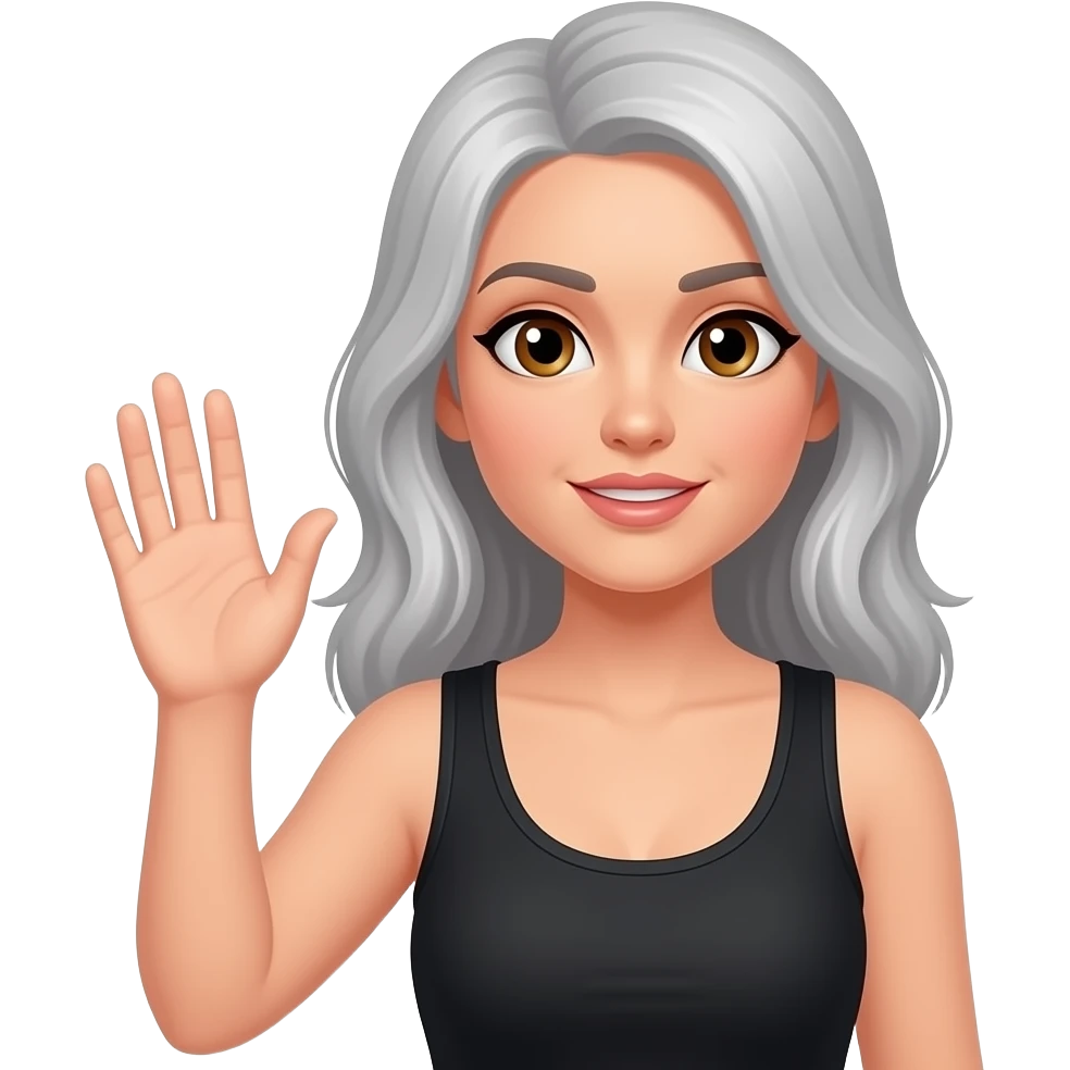 MUJER CON PELO PARCIALMENTE CANOSO LEVANTANDO LA MANO DERECHA COMO PIDIENDO TURNO CON REMERA NEGRA CON OJOS MARRONES emoji