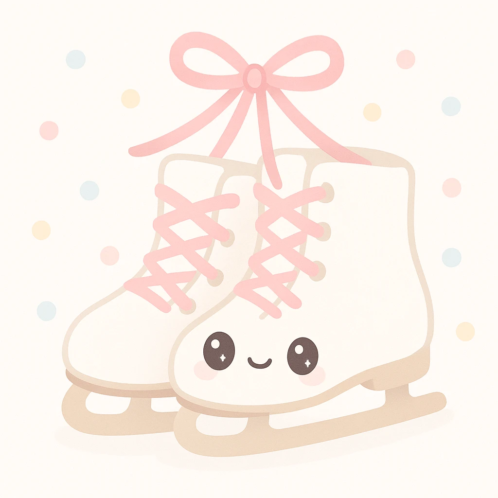 white ice skates with pink ribbon tied, soft and cute, pastel colors emoji