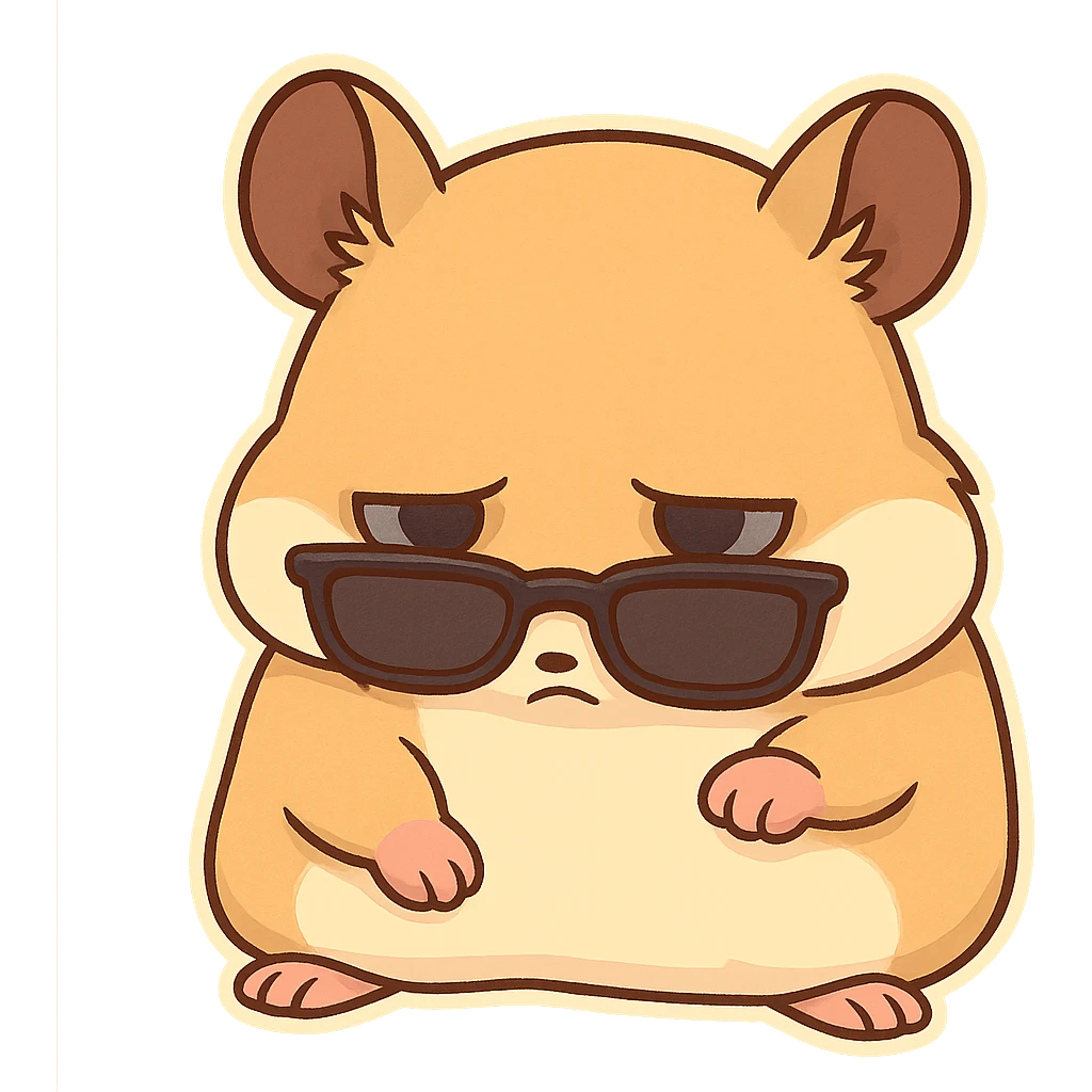 A hamster wearing sunglasses, the sunglasses have slipped down to the bottom of the eyes, the hamster lowered his head, his eyes were dull, emoji