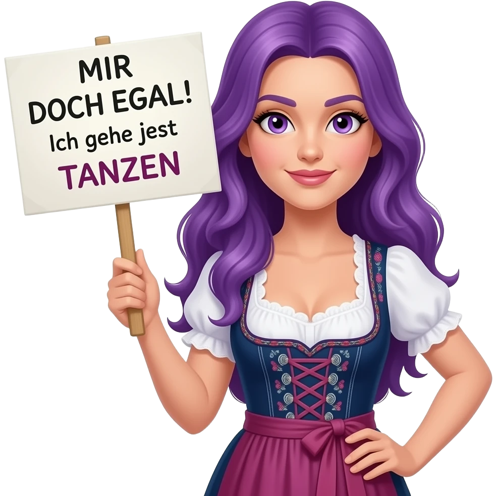 sexy girl with long purple hair and purple eyes wearing a dirndl holding a MIR DOCH EGAL! Ich gehe jetzt TANZEN sign emoji