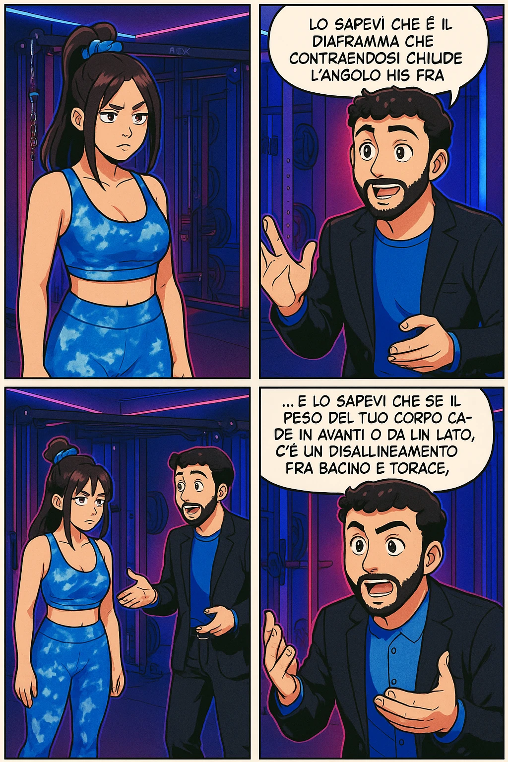 TRASFORMA QUESTO CAROSELLO IN UN FUMETTO STILE WEBTOON/MANGA A COLORI CON QUESTE DUE PERSONE IDENTICHE CHE INTERLOQUISCONO TRA LORO, L'uomo sta spiegando alla donna questo concetto:

LUI (UOMO): Hai controllato diaframma e baricentro corporeo?
LUI (UOMO): Lo sapevi che è il diaframma che contraendosi chiude l’angolo his fra stomaco ed esofago, contenendo la risalita degli acidi grassi?
LUI (UOMO): …e lo sapevi che se il peso del tuo corpo cade in avanti o da un lato, c’è un disallineamento fra bacino e torace, che comprimendo le coste, limita la motilità del diaframma e quindi il contenimento del reflusso? emoji