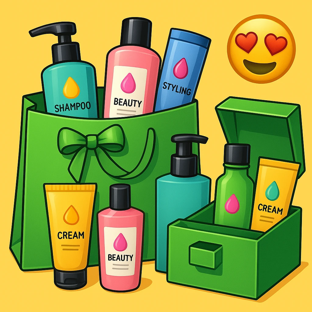 Gift bag with beauty products (shampoo, creams, styling products), a gift bag is beautyful open box with luxury brand-labeled beauty products standing nearby, emoji style, green bag emoji