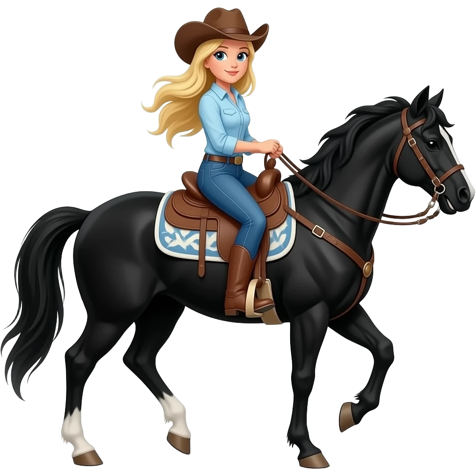 Blonde cowgirl leading black horse in thunderdtorm emoji