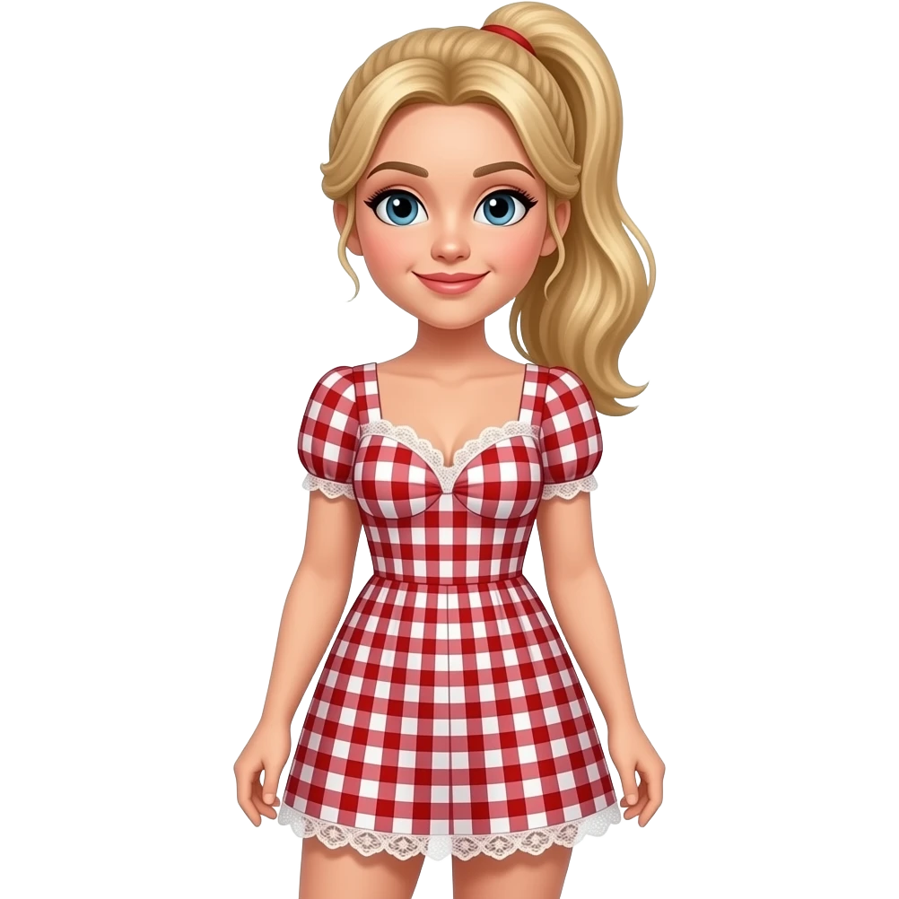 Sabrina carpenter blonde hair in a ponytail wears a red and white checkered mini dress with white lace around the breast area and at the bottom emoji