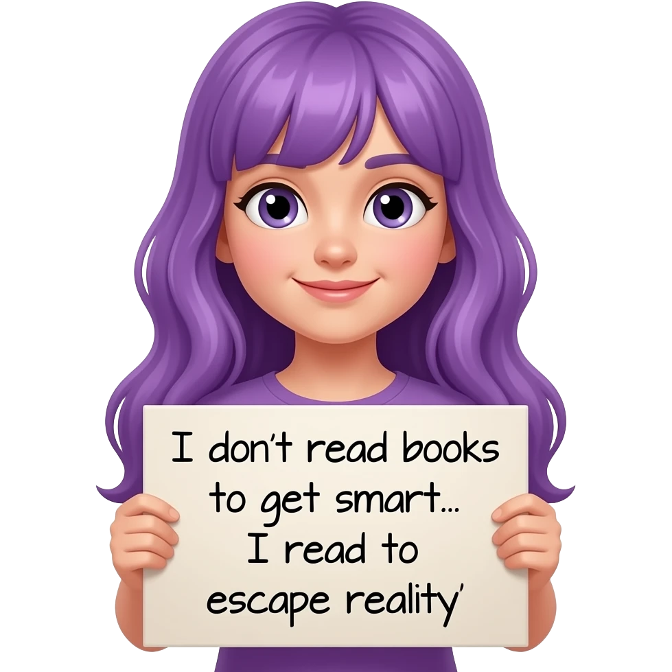girl with long purple hair with a I don't read BOOKS to get smart... I read to ESCAPE REALITY sign emoji
