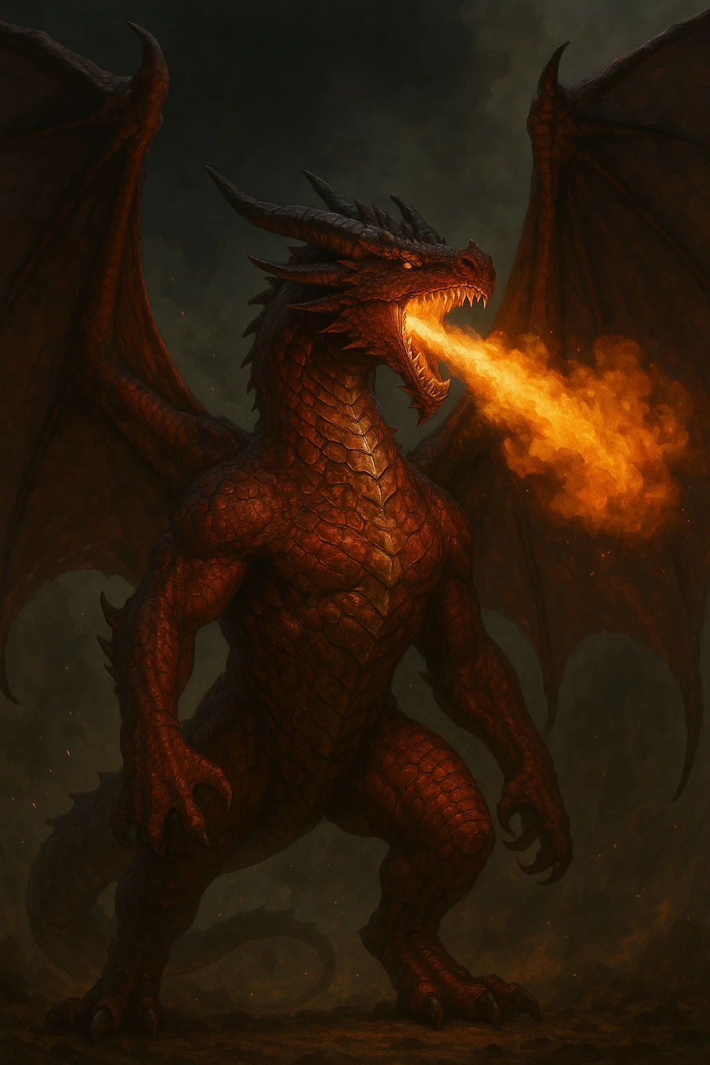 Western style dragon with huge wings, red scales, strong and intimidating stance, breathing fire emoji