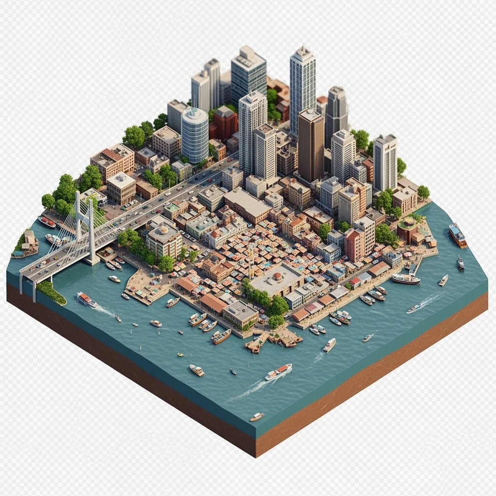 Isometric miniature of Lagos Nigeria 3D miniature effect and Tilt Shift effect, no cartoonish look, transparent background, don't cut angles emoji