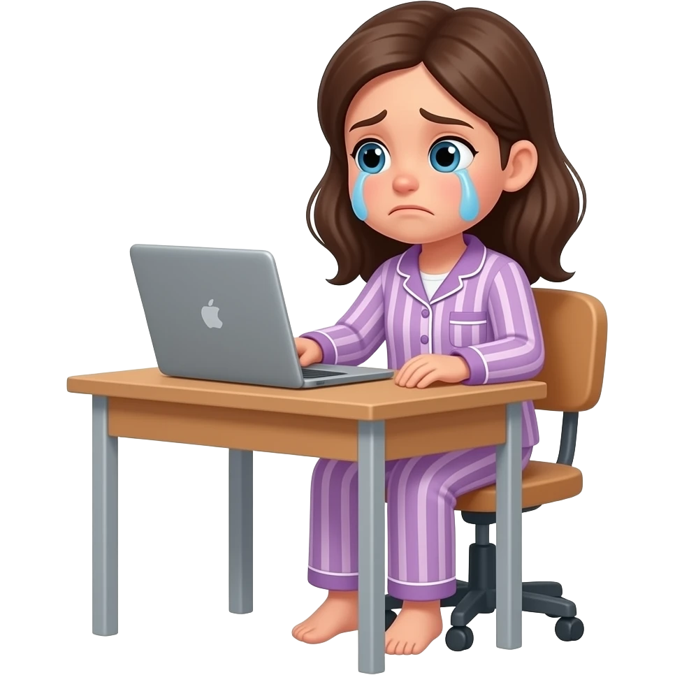 a girl in her pajama sitting at the desk offended and about to cry emoji